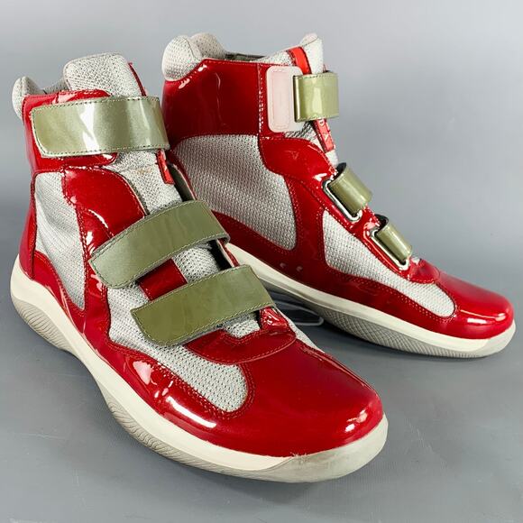 PRADA Size 11 America's Cup Red Silver  Mesh High Top Sneakers - Picture 1 of 10